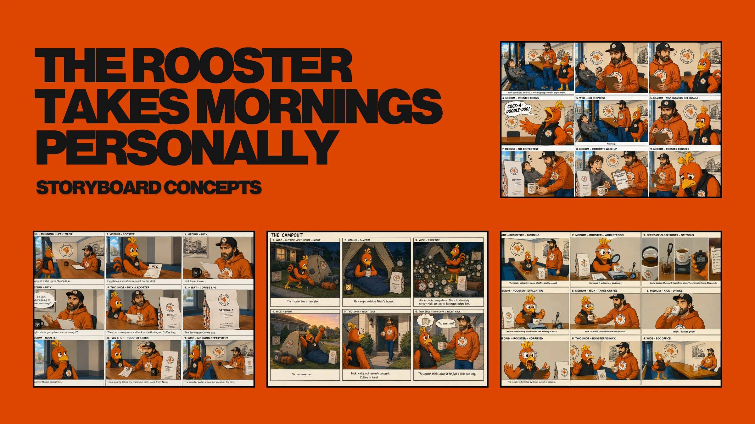 Storyboard concepts: four boarded sequences under the headline The Rooster Takes Mornings Personally.