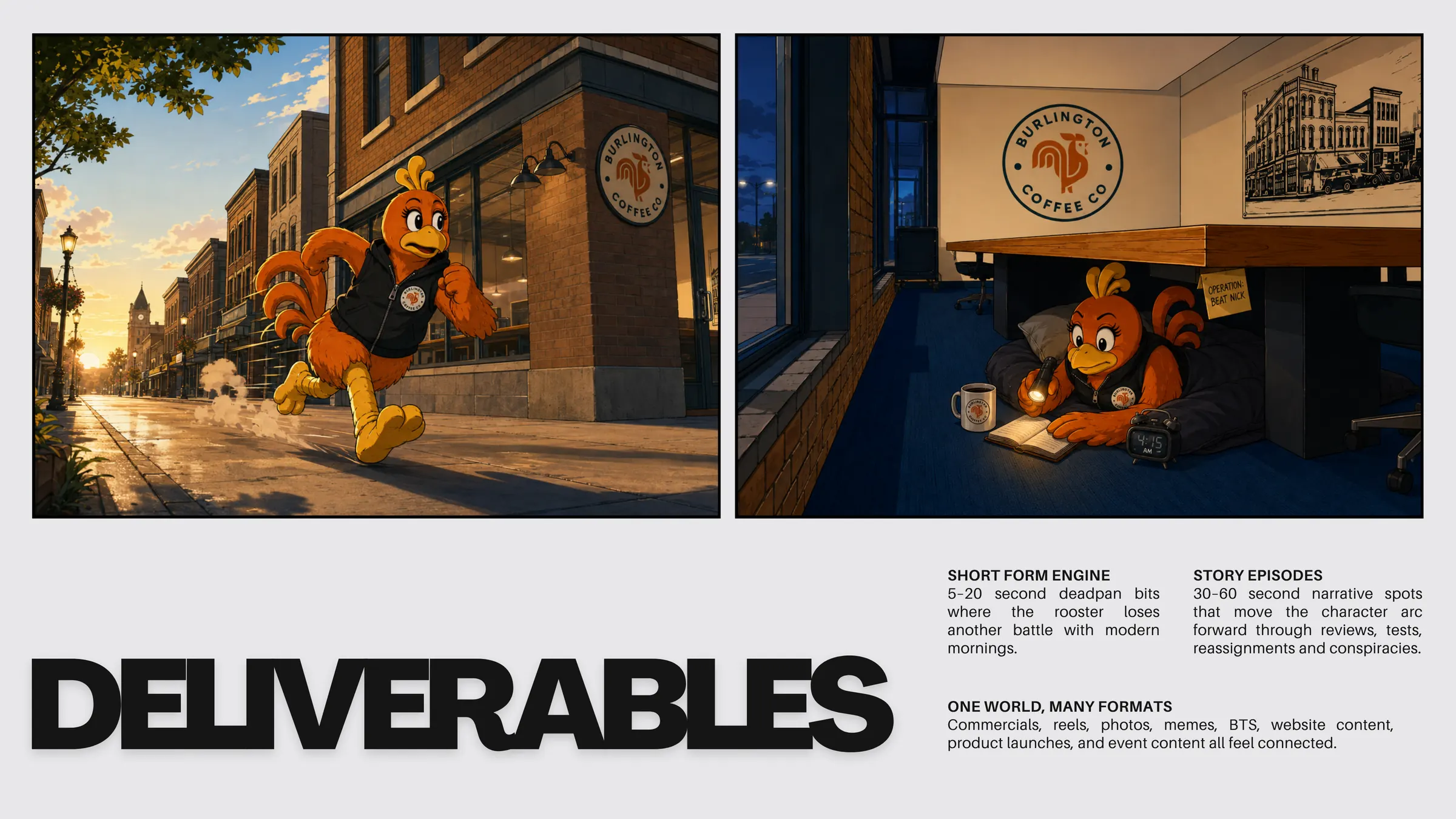 Deliverables: the rooster sprinting down a sunrise street and hunched over a desk at night, beside the short form and story episode formats.