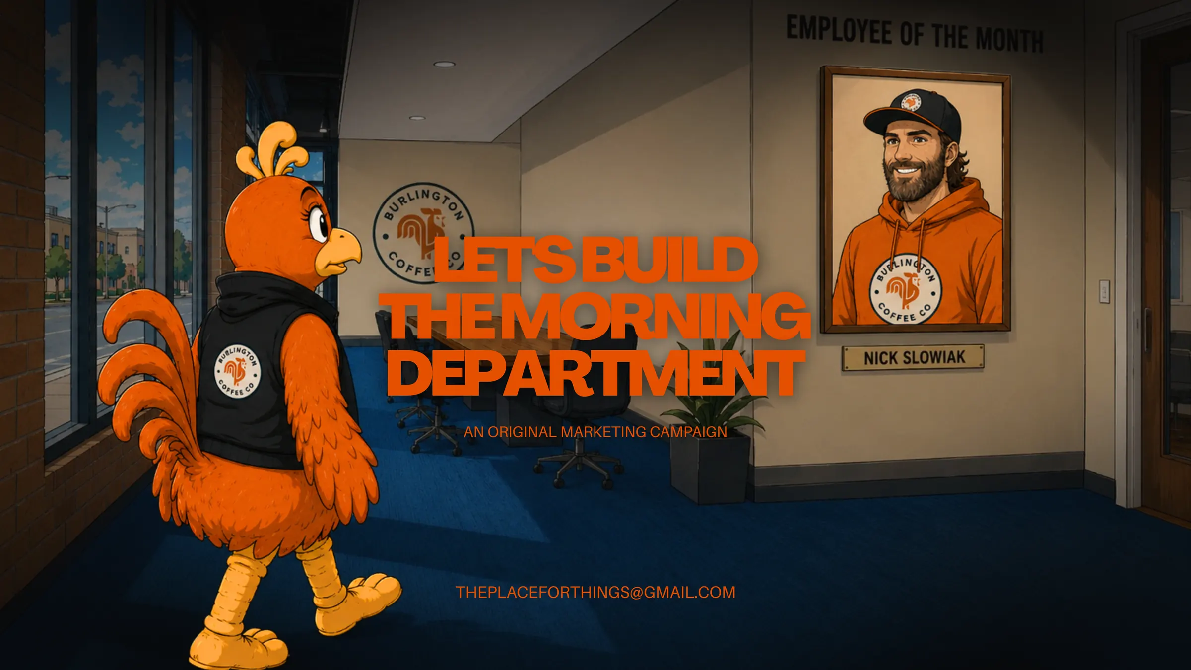Closing slide: the rooster looking at Nick's employee of the month portrait. Let's build The Morning Department.