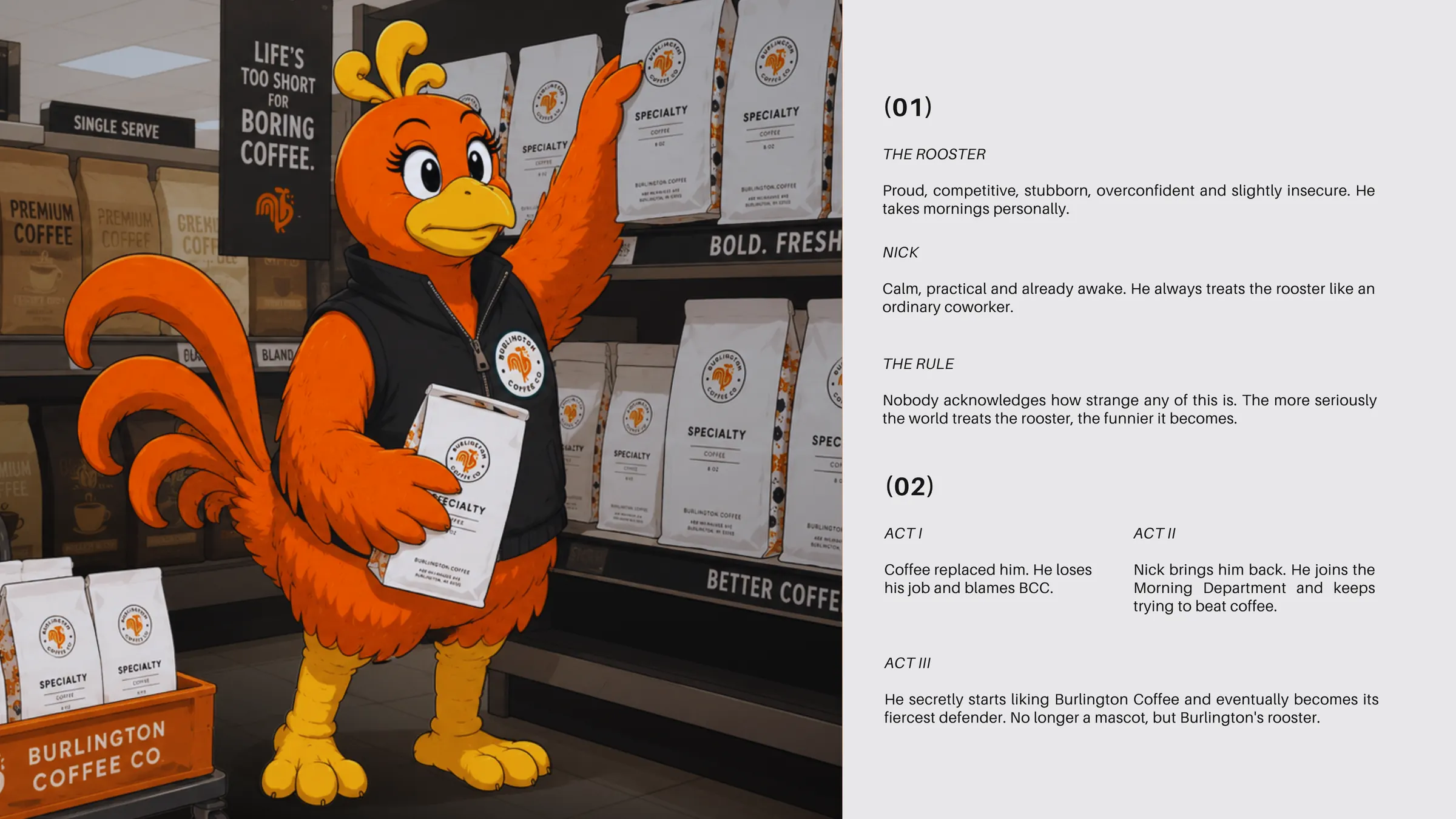 Cast and structure: the rooster stocking a coffee aisle, alongside character notes for the rooster and Nick and the three-act arc.
