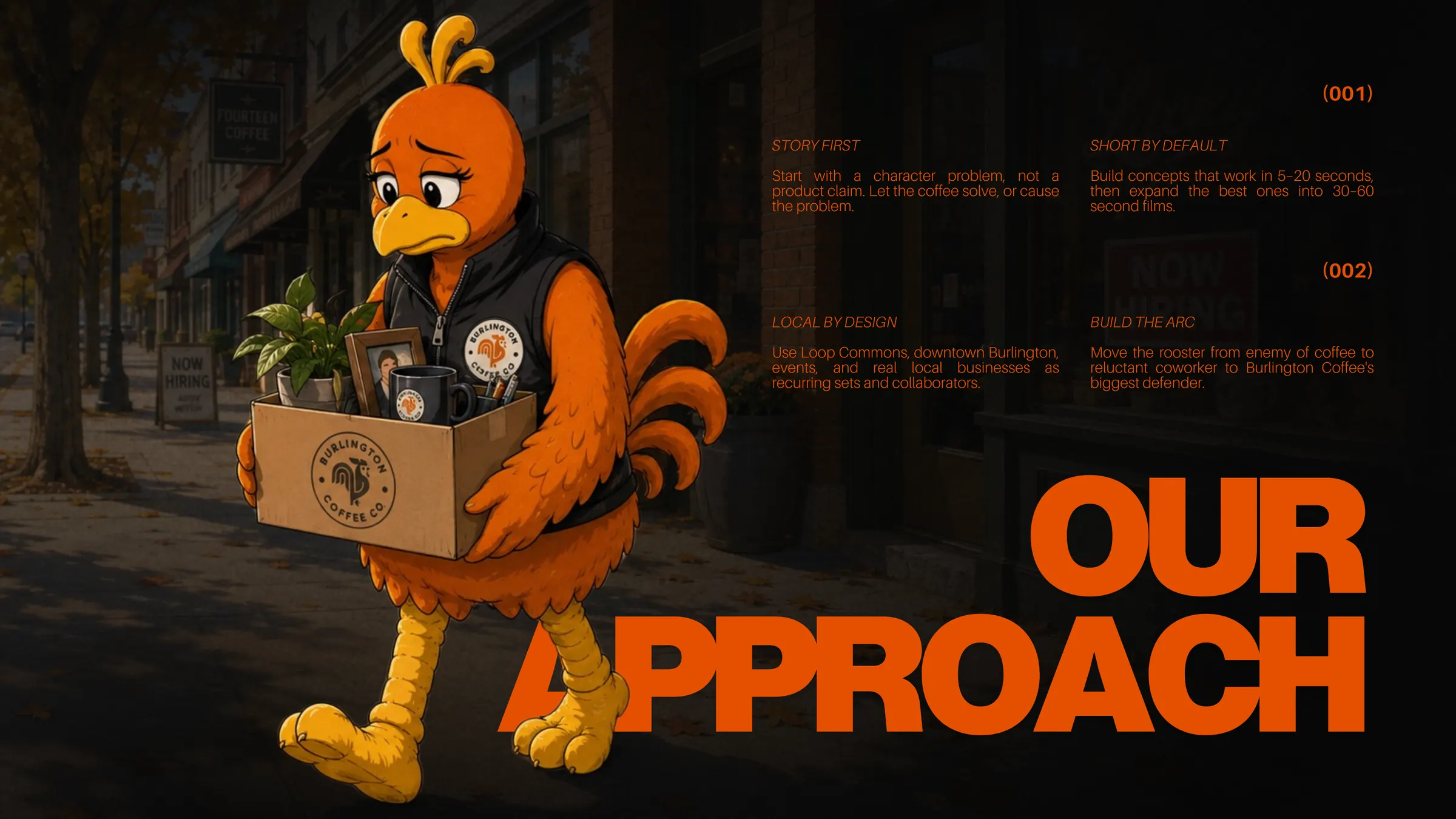 Our Approach: the rooster carrying a box of desk things down a night street, with four principles — story first, short by default, local by design, build the arc.