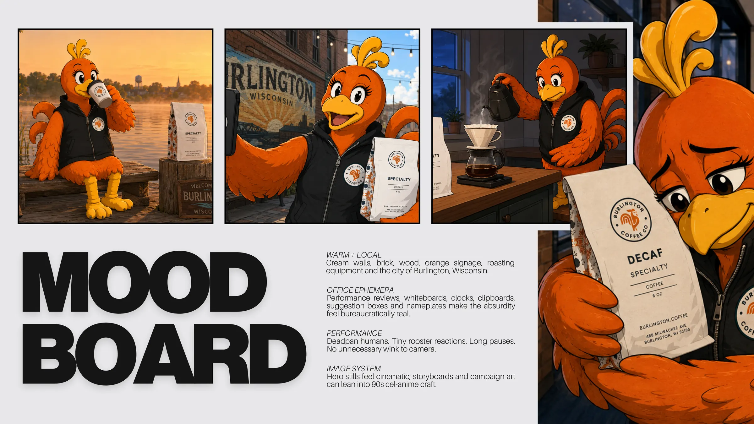 Mood board: three reference stills — lakeside, a Burlington mural selfie, a pour-over — beside the rooster holding a bag of decaf.