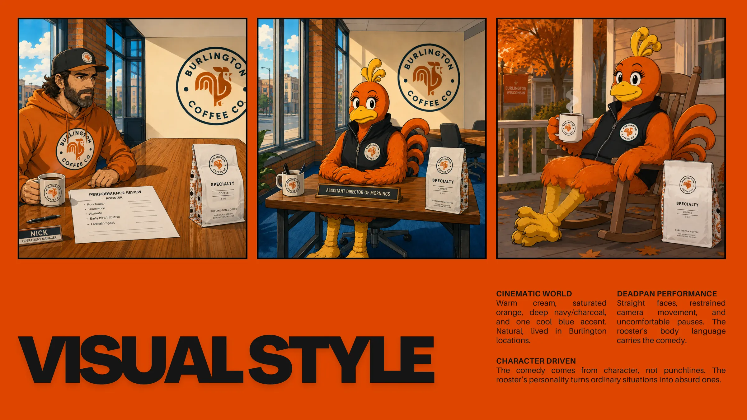 Visual style: three frames of Nick and the rooster in the office and on the porch, with notes on the cinematic world and deadpan performance.